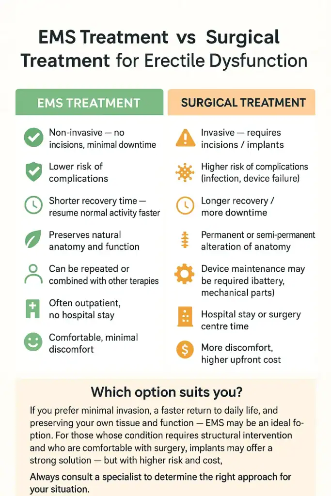 A table showing the benefits of EMS chair for erectile dysfunction treatment Leicester compared to surgery.