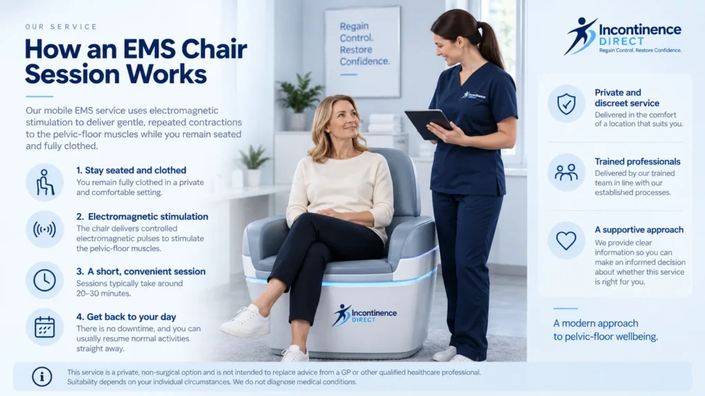 how ems chair session works at incontinence direct Leicester a detailed infographics for the incontinence process
