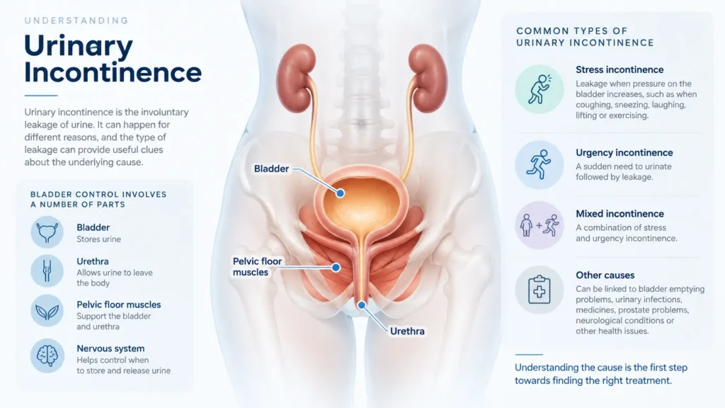 incontinence direct Leicester infographic on urinary incontinence symptoms reasons and treatment options