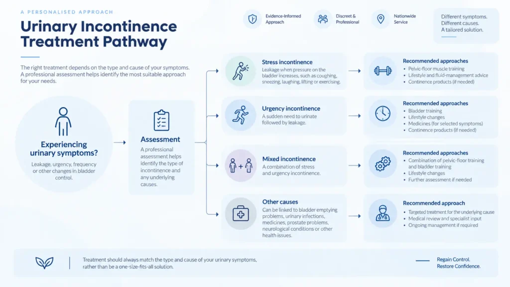 urinary incontinence treatment options infographics from the incontinence direct Leicester