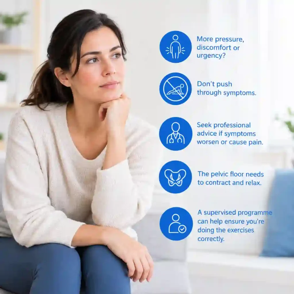 Pelvic-floor exercises Leicester involve controlled contraction and relaxation. Persistent pressure, discomfort or urinary urgency may warrant professional assessment.